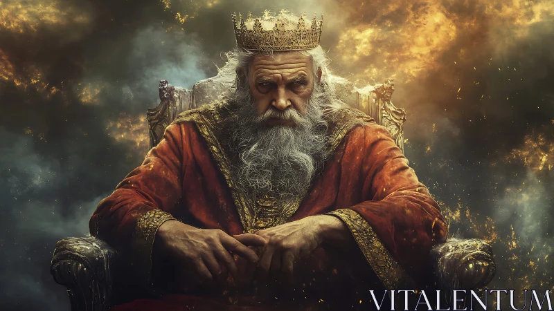 Regal elder king enthroned amid stormlit celestial inferno.
