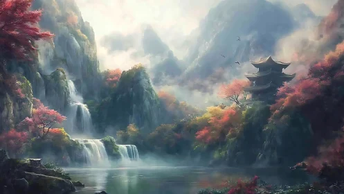 Mountain lake landscape shows waterfalls and tiered pagoda