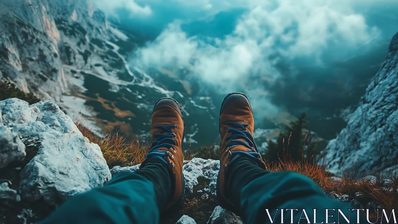 Wide-angle POV of hiker’s boots above misty alpine valley