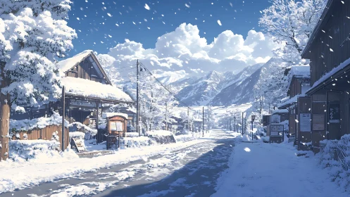Snowy mountain village street under bright winter skies.