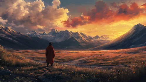 Wanderer in ember fields beneath storm-kissed mountains.