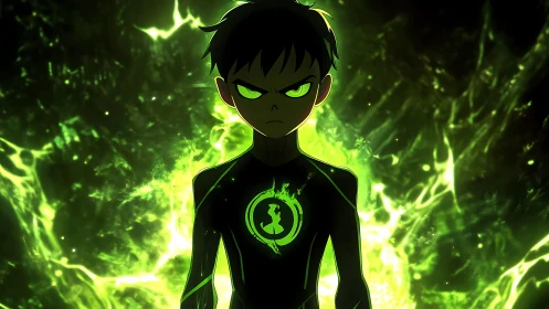 Irradiated youth silhouette in neon-green plasma bloom field.