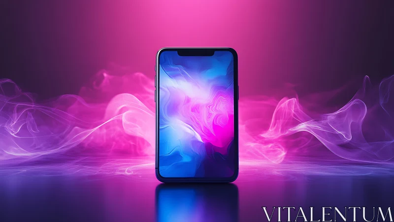 Smartphone stands upright amid controlled neon vapor effects