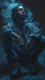 Moody blue portrait of a reflective man wrapped in smoke.