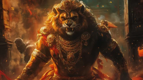 Lion warrior deity in blazing temple battle scene.