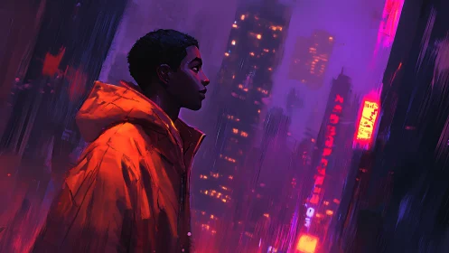 Solitary figure in neon cityscape wearing orange coat.
