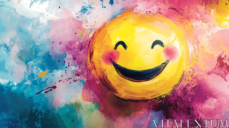 Smiley face icon appears within multicolored abstract paint field