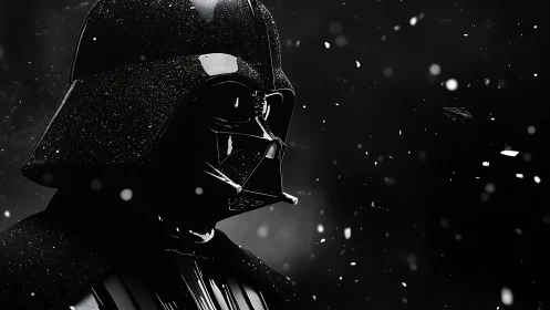 Photorealistic dark armor profile in high-contrast chiaroscuro.