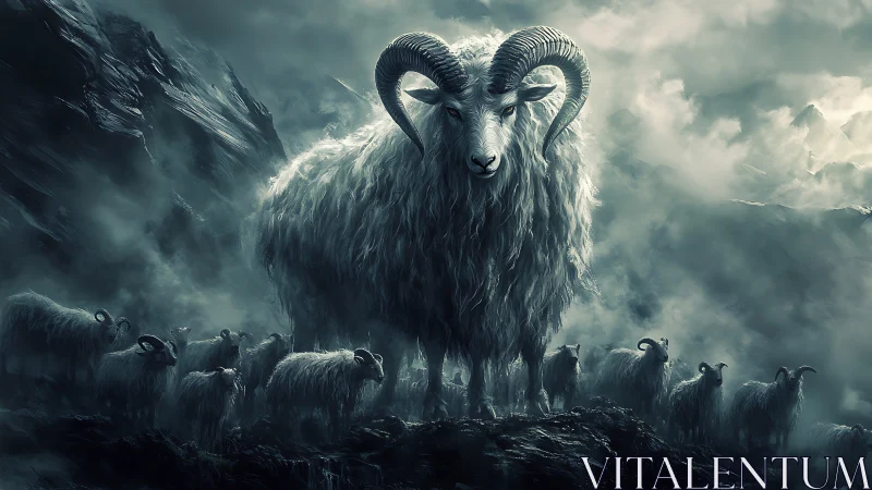 Giant horned ram leading a misty mountain sheep herd.