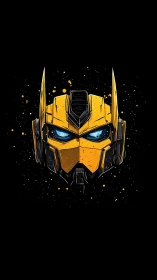 Centrally isolated yellow mech helmet rendered in bold digital ink