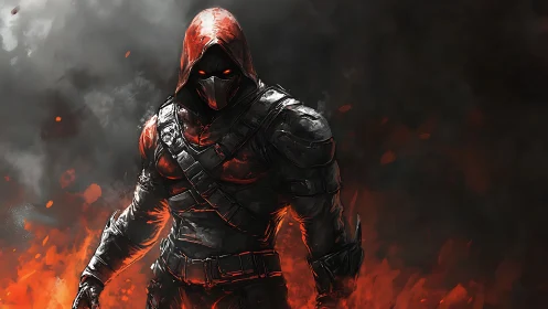 Armored hooded fire warrior emerging from burning battlefield