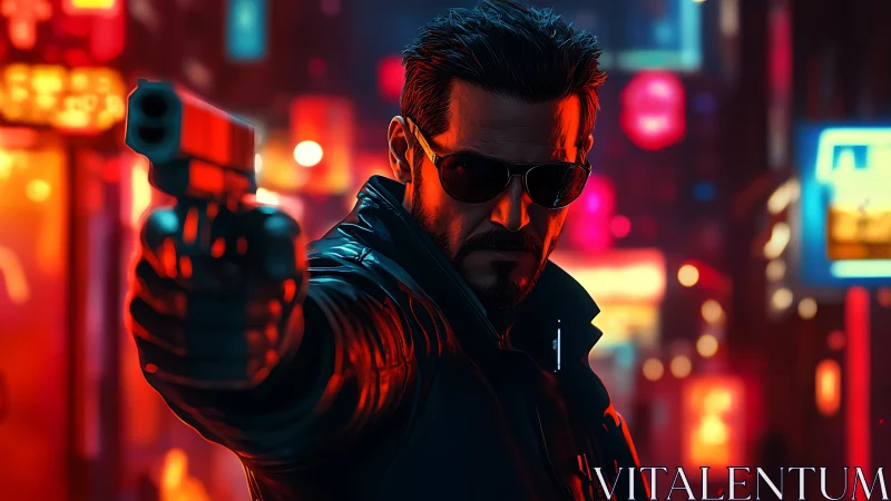 Cyberpunk gunman in neon-lit urban corridor, cinematic framing.