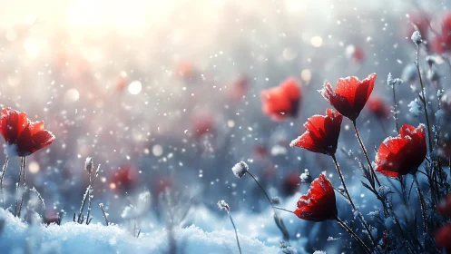 Red flowers in winter snow with frost and falling precipitation