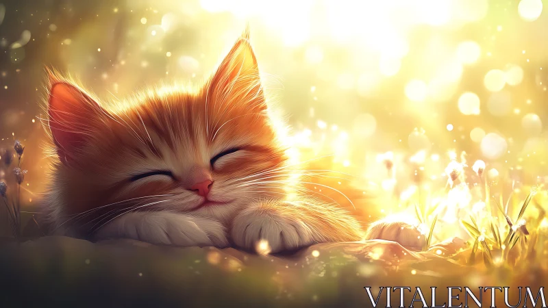 Backlit ginger kitten sleeping in sunlit meadow bokeh field