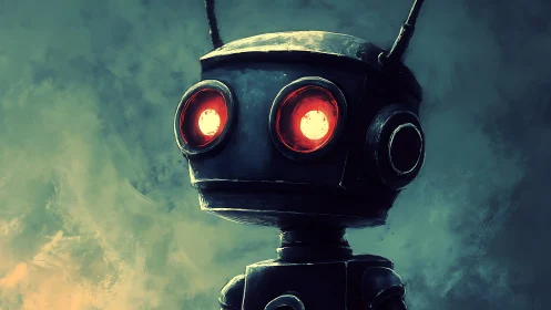 Robot with glowing red eyes stands against blurred teal fog