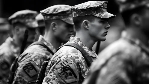 Monochrome profile of soldiers standing in formation.
