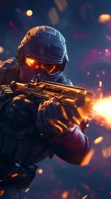 Tactical cyber-soldier firing rifle in blazing bokeh combat.