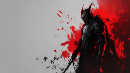 Blood-splattered black knight in stylized digital armor silhouette