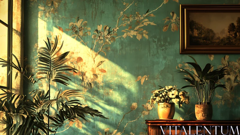 Golden hour illumination sculpts foliage against teal mural