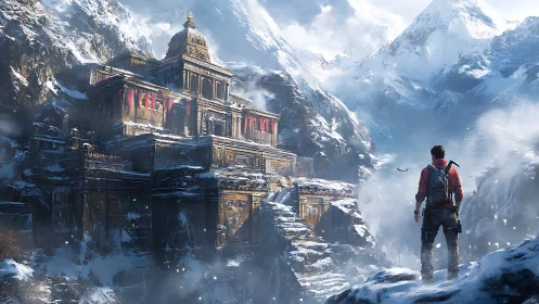 Digital matte of lone climber before ancient alpine temple.