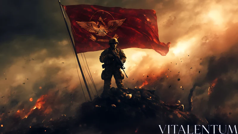 Lone soldier crowns a burning horizon with crimson flag