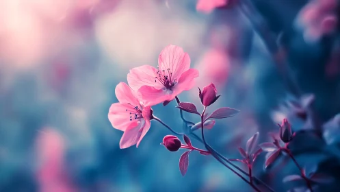 Pink Flowers in Soft Focus with Blue Tones.