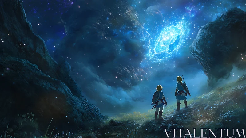 Two adventurers observe spiral nebula above misty mountain pass