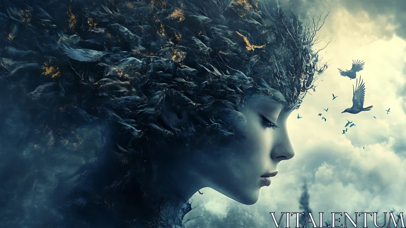 Surreal profile of woman merging with storm of dark birds.
