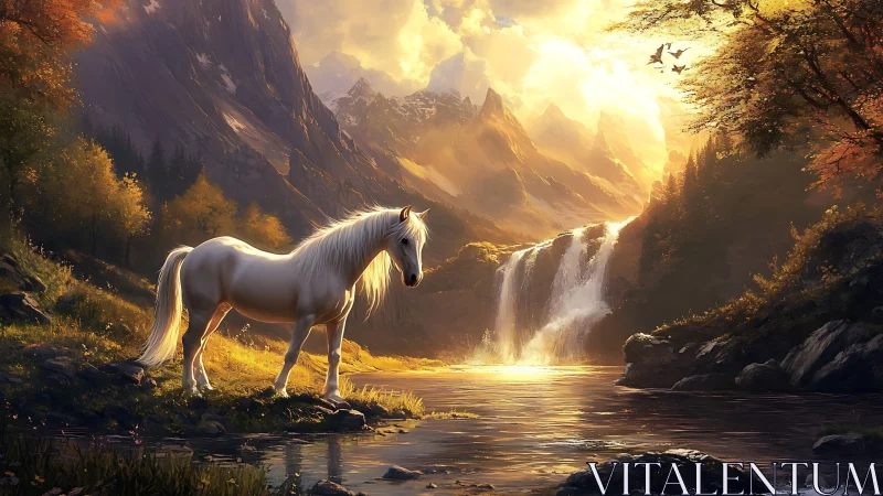 White horse at riverside waterfall in mountainous valley.
