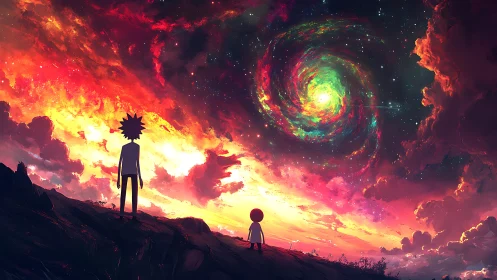 Two silhouetted travelers gaze into a blazing cosmic vortex sky