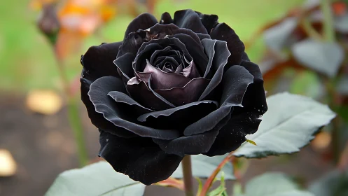 Dramatic black rose bloom with velvety petals in soft focus garden