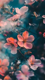 Pink and coral flowers with soft focus teal background