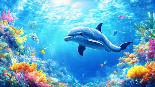 Playful dolphin glides through a colorful coral reef world