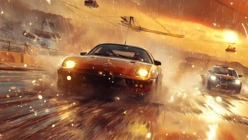 Sunlit street racers carving sparks through stormy rain.
