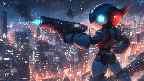 Cyberpunk mech sentry overlooking neon-dense night megacity.