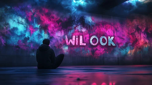 Lone figure studies neon graffiti text in moody tunnel.