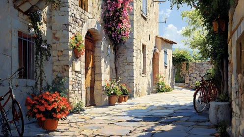 Sunlit stone alley with flowers and bicycles in village.