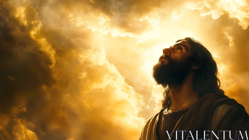 Golden storm of light crowns a contemplative wanderer