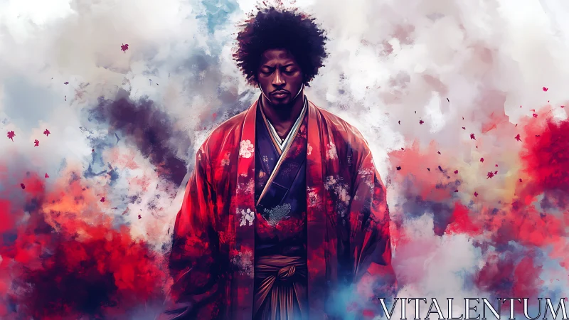Digital painting of Afro samurai amid abstract crimson mist.