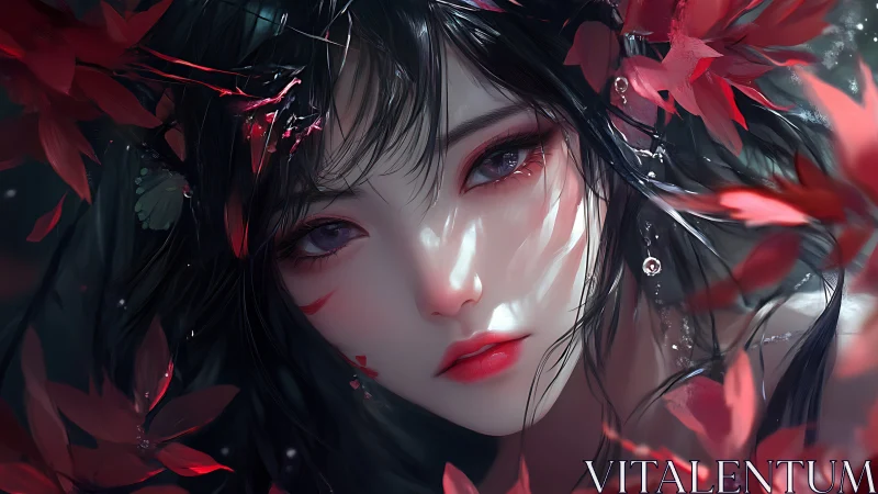 Digital painting portrait with crimson floral aura and lightplay.