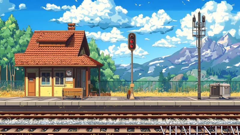 Anime rural rail platform under clear alpine summer sky.
