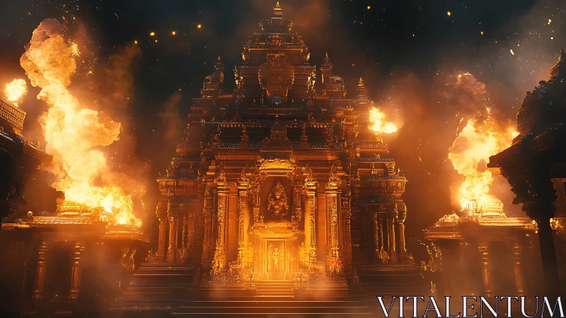 Temple Engulfed in Flames: Ornate Religious Structure.