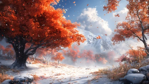 Snow-covered valley shows red autumn trees before mountains