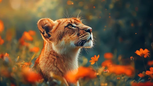 Young lion in orange flower meadow under soft daylight.