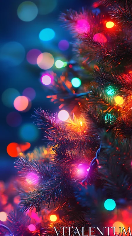 Shimmering Christmas tree lights against deep blue bokeh.