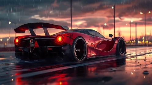 Sunset rain reflecting off a sleek red supercar’s curves.