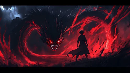 Silhouetted figure facing red spectral beast in darkness.