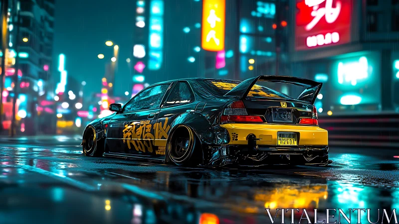 Cyberpunk tuner sedan on wet neon-lit Tokyo street at night
