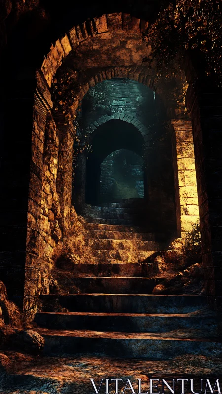 Golden stairway into the quiet heart of forgotten ruins.