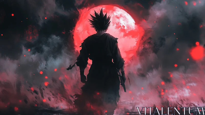 Lone warrior silhouette under a burning crimson moonscape.